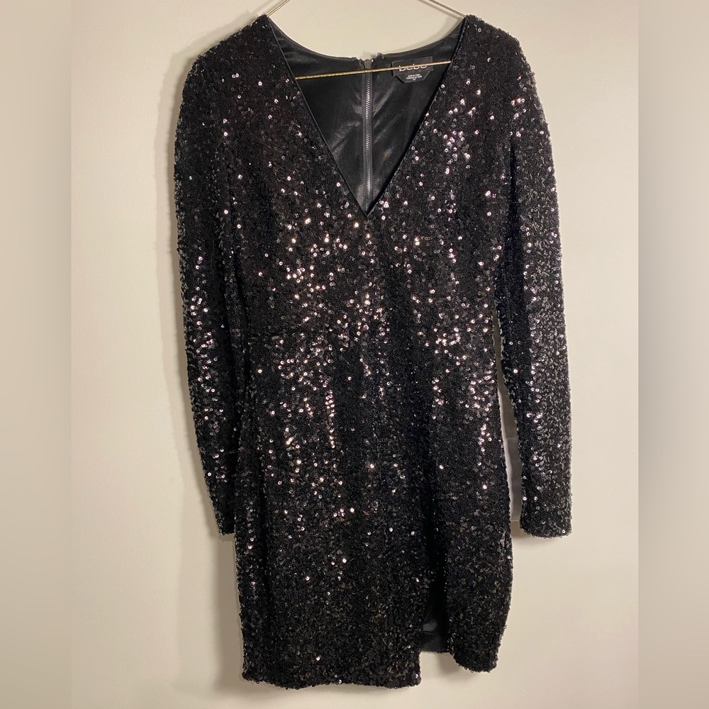 BEBE Sparkly Black Sequin Dress Long Sleeve Size Small